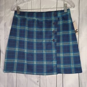 SO blue plaid buttoned faux wrap mini skirt NWT